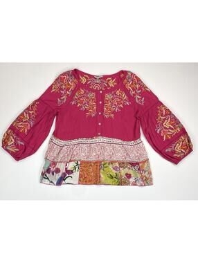 John Mark Blouse M Fuchsia Pink Embroidered Boho Mixed Media Patchwork Peasant